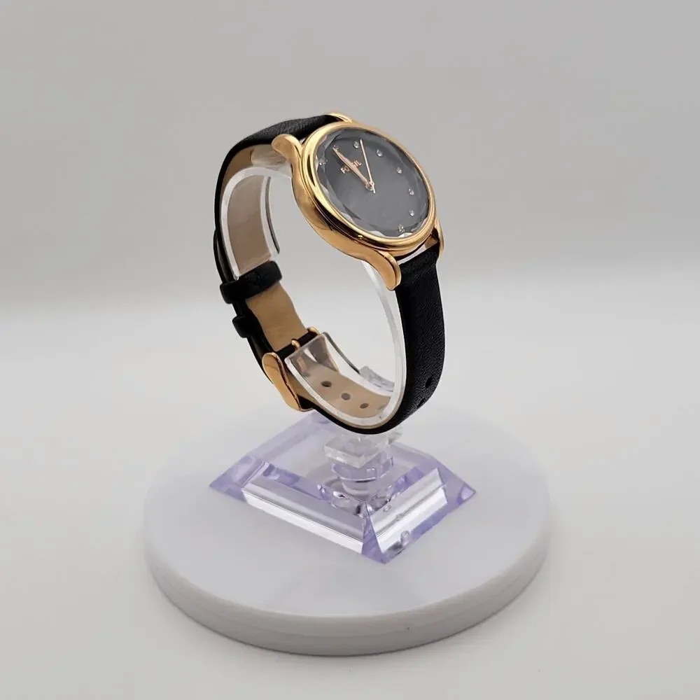 Fossil Womens Gold Tone Black Dial Crystal Markers Quartz Watch Leather Strap